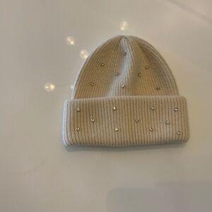 Beige Knit Beanie Hat w/ Rhinestone Studs | Cozy Winter Y2K Chic